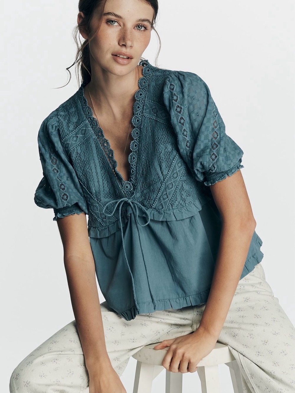 Anthropologie Teal Lace-Trim V-Neck Peasant Blouse